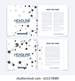 Templates for square brochure. Leaflet cover presentation. Business, science, technology design book layout. Scientific molecule background,