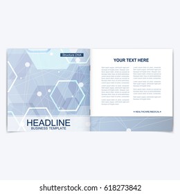 Templates for square brochure. Leaflet cover presentation. Business, science, technology design book layout. Scientific molecule background,