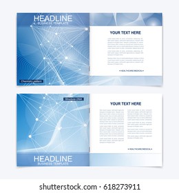 Templates for square brochure. Leaflet cover presentation. Business, science, technology design book layout. Scientific molecule background,