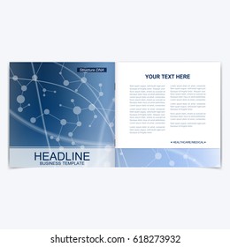 Templates for square brochure. Leaflet cover presentation. Business, science, technology design book layout. Scientific molecule background,