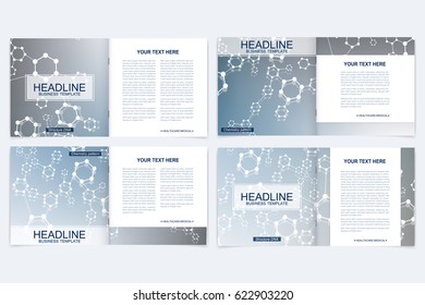 Templates for square brochure. Leaflet cover presentation. Business, science, technology design book layout. Scientific molecule background