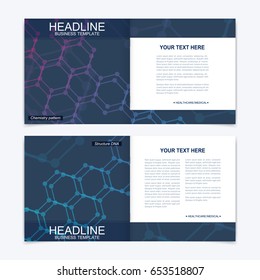 Templates for square brochure. Leaflet cover presentation. Business, science, technology design book layout. Scientific molecule background,