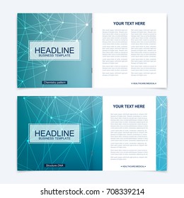 Templates for square brochure. Leaflet cover presentation. Business, science, technology design book layout. Scientific molecule background,