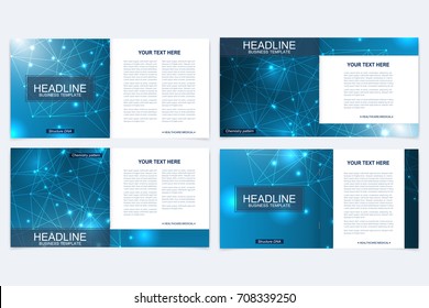 Templates for square brochure. Leaflet cover presentation. Business, science, technology design book layout. Scientific molecule background,