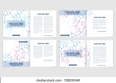 Templates for square brochure. Leaflet cover presentation. Business, science, technology design book layout. Scientific molecule background,