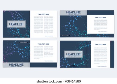 Templates for square brochure. Leaflet cover presentation. Business, science, technology design book layout. Scientific molecule background