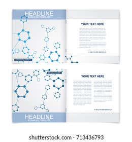 Templates for square brochure. Leaflet cover presentation. Business, science, technology design book layout. Scientific molecule background,