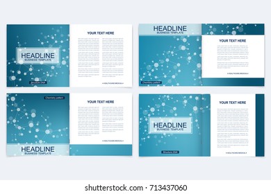 Templates for square brochure. Leaflet cover presentation. Business, science, technology design book layout. Scientific molecule background