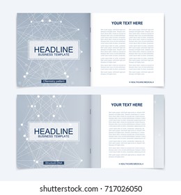 Templates for square brochure. Leaflet cover presentation. Business, science, technology design book layout. Scientific molecule background,