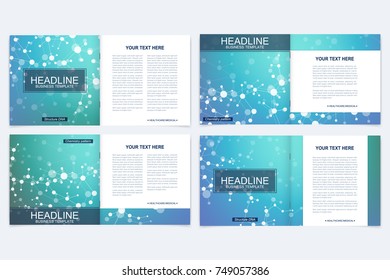 Templates for square brochure. Leaflet cover presentation. Business, science, technology design book layout. Scientific molecule background