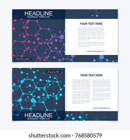 Templates for square brochure. Leaflet cover presentation. Business, science, technology design book layout. Scientific molecule background,
