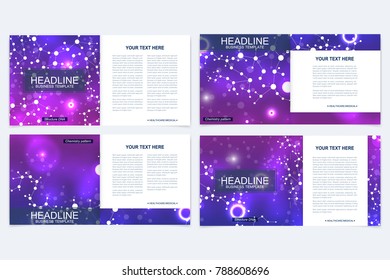 Templates for square brochure. Leaflet cover presentation. Business, science, technology design book layout. Scientific molecule background,