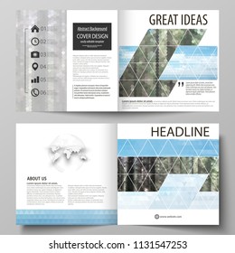 Templates for square design bi fold brochure, flyer. Leaflet cover, vector layout. Colorful background made of triangular or hexagonal texture, travel business, natural landscape in polygonal style