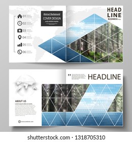 Templates for square design bi fold brochure, flyer. Leaflet cover, vector layout. Colorful background made of triangular or hexagonal texture, travel business, natural landscape in polygonal style