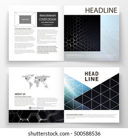 Templates for square design bi fold brochure, magazine, flyer. Leaflet cover, easy editable vector layout. Chemistry pattern, hexagonal molecule structure. Medicine, science and technology concept.
