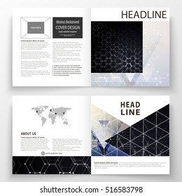 Templates for square design bi fold brochure, magazine, flyer. Leaflet cover, easy editable vector layout. Chemistry pattern, hexagonal molecule structure. Medicine, science and technology concept.