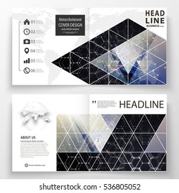 Templates for square design bi fold brochure, magazine, flyer. Leaflet cover, easy editable vector layout. Chemistry pattern, hexagonal molecule structure. Medicine, science and technology concept.