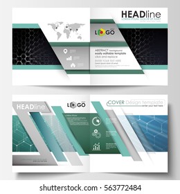 Templates for square design bi fold brochure, magazine, flyer. Leaflet cover, easy editable vector layout. Chemistry pattern, hexagonal molecule structure. Medicine, science and technology concept.