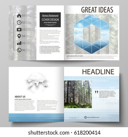 Templates for square design bi fold brochure, flyer. Leaflet cover, vector layout. Colorful background made of triangular or hexagonal texture, travel business, natural landscape in polygonal style.