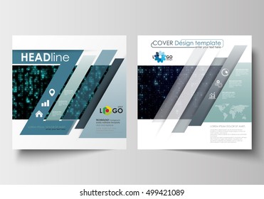 Templates for square design brochure, magazine, flyer, booklet. Leaflet cover, flat layout, easy editable vector. Virtual reality, color code streams glowing on screen, technology background.