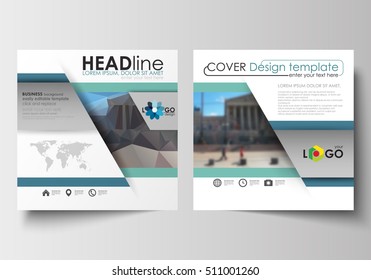 Templates for square design brochure, magazine, flyer, booklet or annual report. Leaflet cover, flat layout, easy editable. Abstract business background, urban landscape, modern stylish vector.