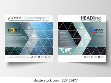 Templates for square design brochure, magazine, flyer, report. Leaflet cover, easy editable vector layout. Chemistry pattern, hexagonal molecule structure. Medicine, science and technology concept