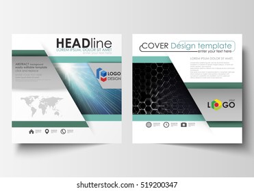 Templates for square design brochure, magazine, flyer, report. Leaflet cover, easy editable vector layout. Chemistry pattern, hexagonal molecule structure. Medicine, science and technology concept