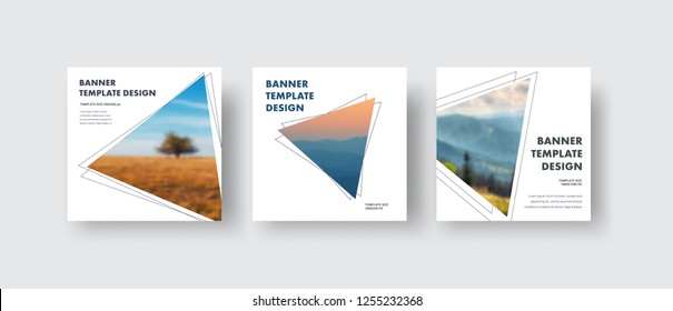 Templates square white web banners standard size with a triangle for the photo. Minimalistic design for social media publications. Set