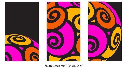 plantillas para historias con un patrón abstracto brillante. tres variantes de un patrón psicodélico con efecto óptico sobre un fondo negro. ilustración vectorial de stock. EPS 10.