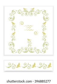 templates with stylized pattern and birds, vector illustration, greeting, invitation, border