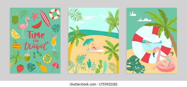 Templates summer travel set poster concept banner, pattern tropical hot relax flat vector illustration. Ocean rest seaside heavenly place, vacation hot country beach recreational activity.