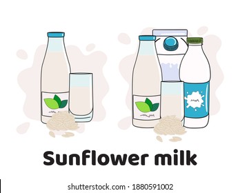 Templates with sunflower seed milk in glass, bottles and box. Vegan milk icons. Milk alternatives. Hand drawn vector illustration.