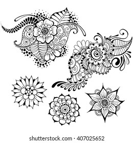 Templates for tattoo design with mehndi elements. Floral ornament. Islam, Arabic, Indian, ottoman motifs. Black and white vector illustration.