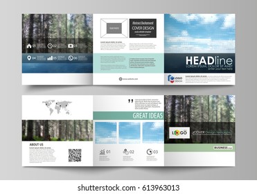 Templates for tri fold square design brochures. Leaflet cover, vector layout. Colorful background made of triangular or hexagonal texture, travel business, natural landscape, polygonal style.