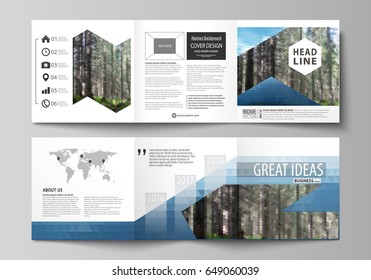 Templates for tri fold square design brochures. Leaflet cover, vector layout. Colorful background made of triangular or hexagonal texture, travel business, natural landscape, polygonal style
