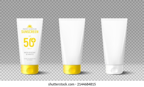 Templates of tubes of sunscreen cream. 3d tubes of sunscreen cream isolated on checkered background. Vector 3d packages for promotion of cosmetic goods. Realistic vector mock up of skincare goods.