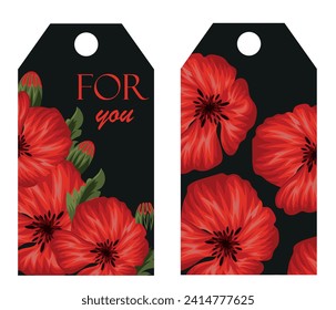 templates of two floral tags for business and typography with open red poppy buds, closed buds, green leaves and text on a black background, vector