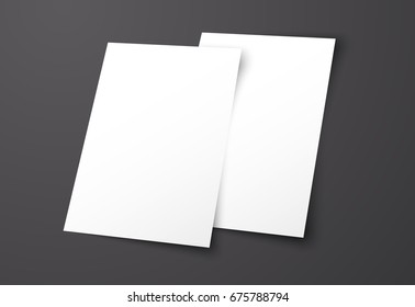 Templates of two white flyers on a black background. Realistic  Mockup frontal and back pages of the brochure laying on each other. Vector illustration