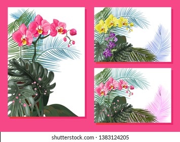 Templates for vacation invitation, vertical, horizontal cards: purple Dendrobium, red, yellow Phalaenopsis orchid flowers, monstera, coconut palm leaves. Tropical plants, white background, vector, A4