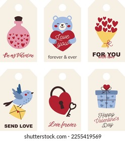 Templates for Valentine's Day cards, tags, with cute animals birds and gifts. Labels with romantic wishes