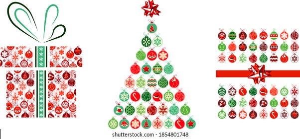 Templates with various Christmas balls. Gift box, fir tree and greeting card