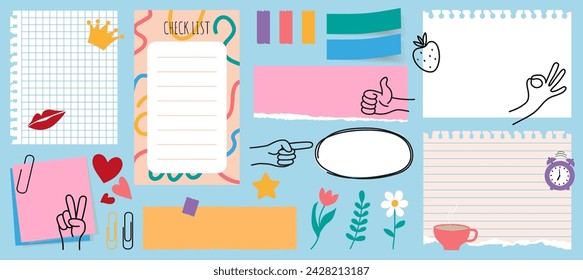 Templates of various paper notes for reminders, quotes, stickers, schedules, to-do list, planner. Torn sheets of paper, frames, design elements. Vector illustration, cartoon style, doodles.