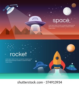 Templates vector banners and cards on space theme. Flat style