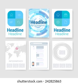 Templates. Vector brochure design collection. Applications and Infographic Concept. Flyer, Brochure Design Templates set. Modern flat design icons for mobile or smartphone on a light background. 