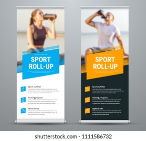 Templates of vector white and black roll-up banners on the theme of sport and sports nutrition, with a place for photos. Universal design with blue and orange diagonal elements. Set