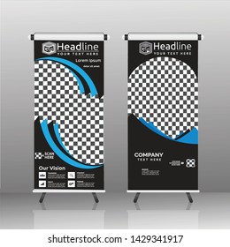 Templates of vector white and black roll-up banners on the theme of sport and sports nutrition, with a place for photos. Universal design with blue and orange diagonal elements. Set