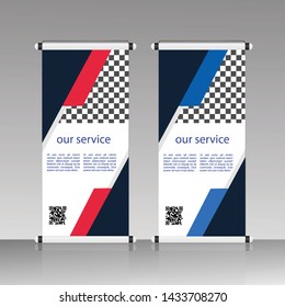 Templates of vector white and black roll-up banners on the theme of sport and sports nutrition, with a place for photos. Universal design with blue and orange diagonal elements. Set