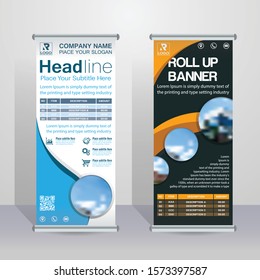 Templates of vector white and black roll-up banners with places for photos. Universal design with blue and orange diagonal elements.Vector