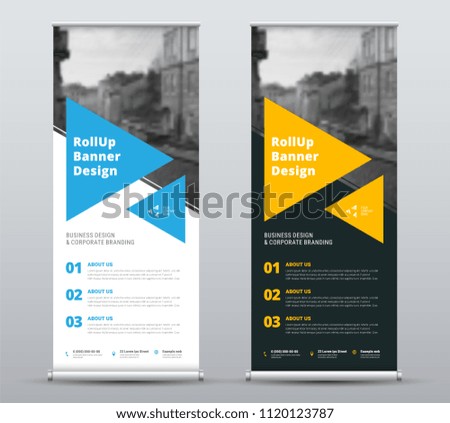 Templates of vector white and black roll-up banners with a place for a photo. Design for business, advertising and printing with blue and yellow elements. Set