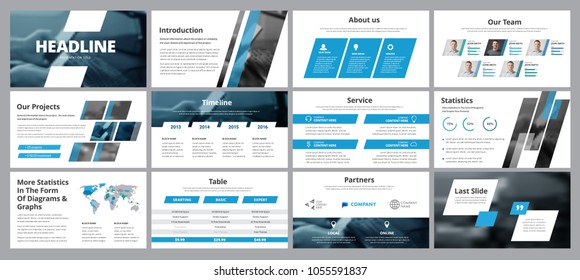 Modelos de slides vetoriais branco-azul para apresentação e relatórios. Design com linhas diagonais, elementos de infográficos e estatísticas, com um lugar para fotos.